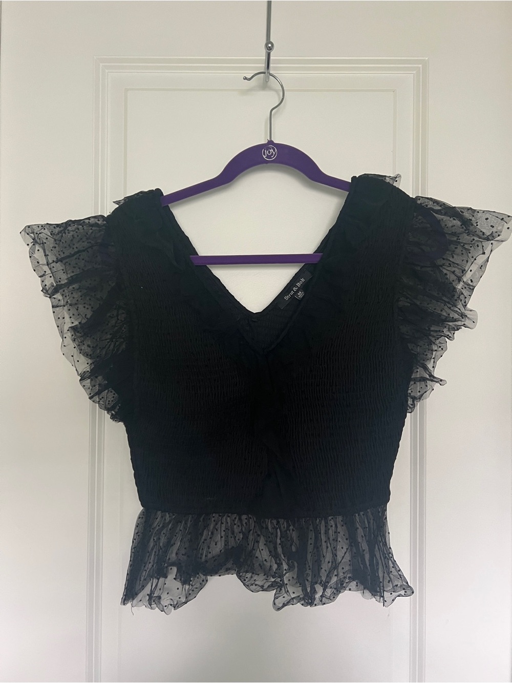 Black V-Neck Smocked Blouse with Sheer Ruffle Sleeves